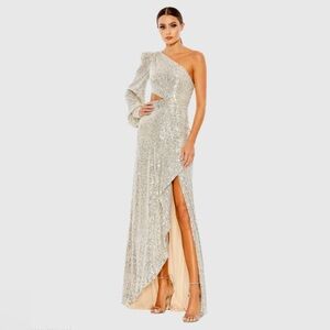 Mac Duggal Formal Silver Sequined One Shoulder Cut Out Gown Size 10 $298 NWT